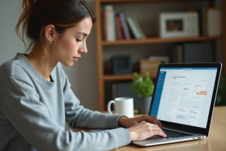 Femme accédant à son espace personnel myPrimobox sur un ordinateur portable depuis son bureau à domicile