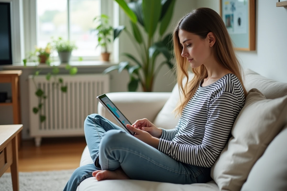 Jeune femme accédant à myPrimobox sans problème depuis une tablette dans son salon