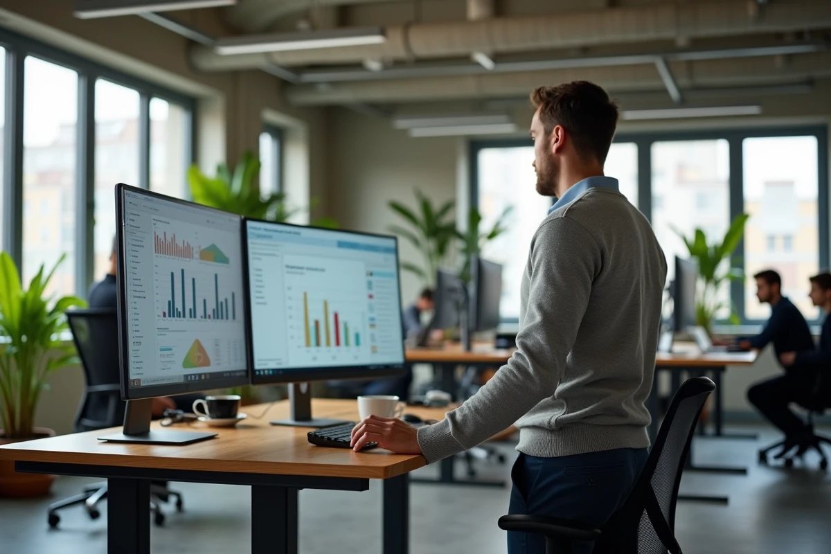 Collaborateur d'Adivak analysant des données stratégiques sur écrans dans un espace de travail moderne et collaboratif