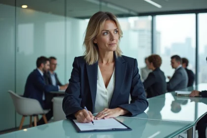 Dirigeante d'entreprise en réunion stratégique dans les bureaux modernes d'Adivak en 2026, symbolisant une success story discrète et ambitieuse