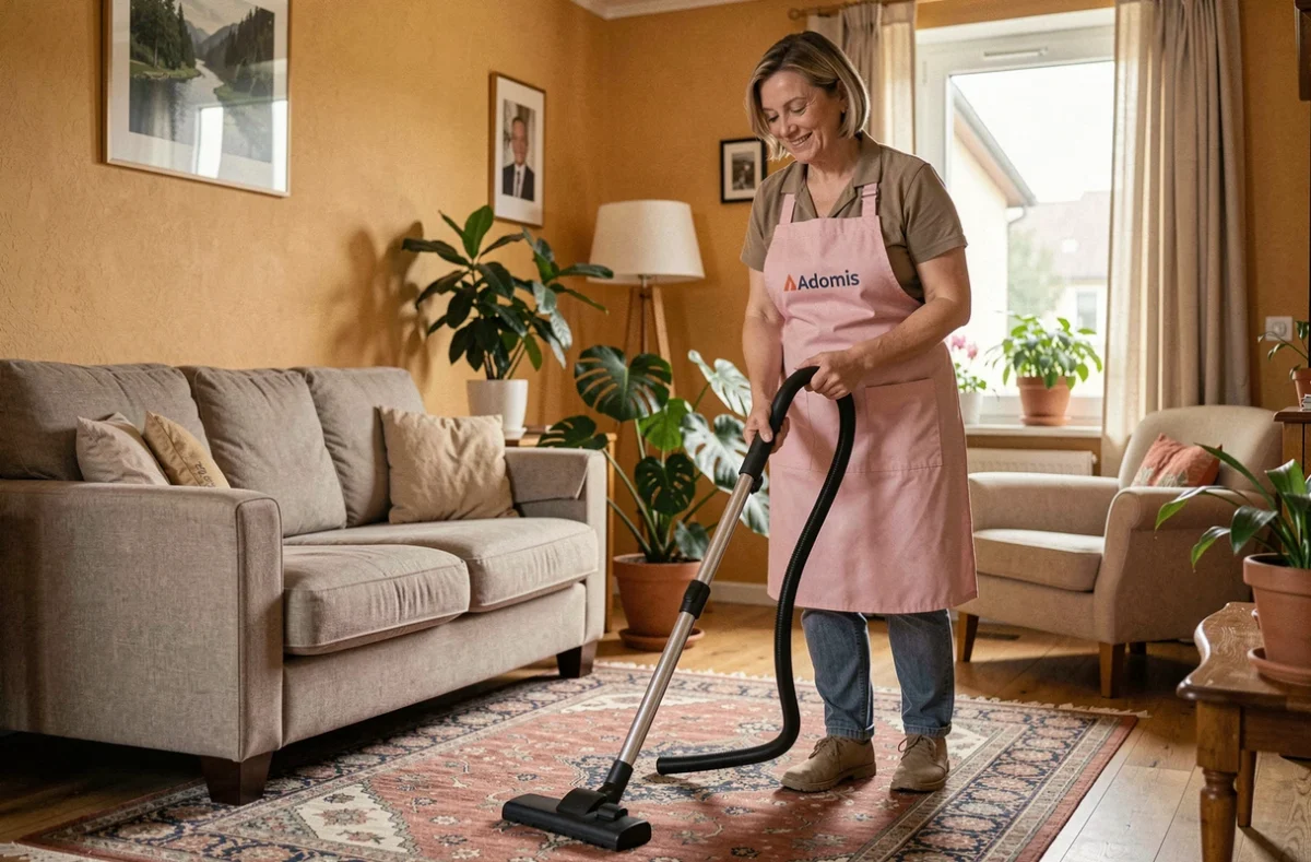 Aide à domicile Adomis en tablier rose aspirant le salon d'un appartement résidentiel à Mulhouse