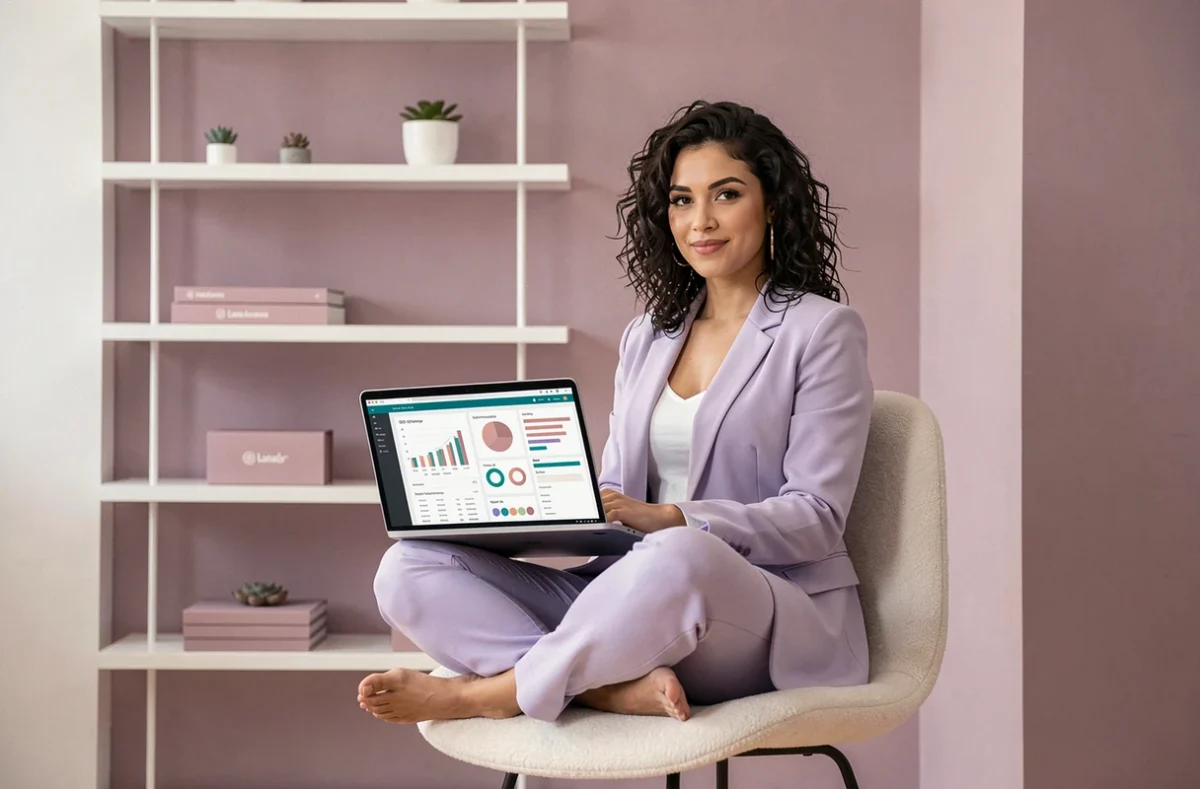 Consultante SEO de l'Agence Mauve dans un bureau aux tons mauves élégants avec tableau de bord analytique