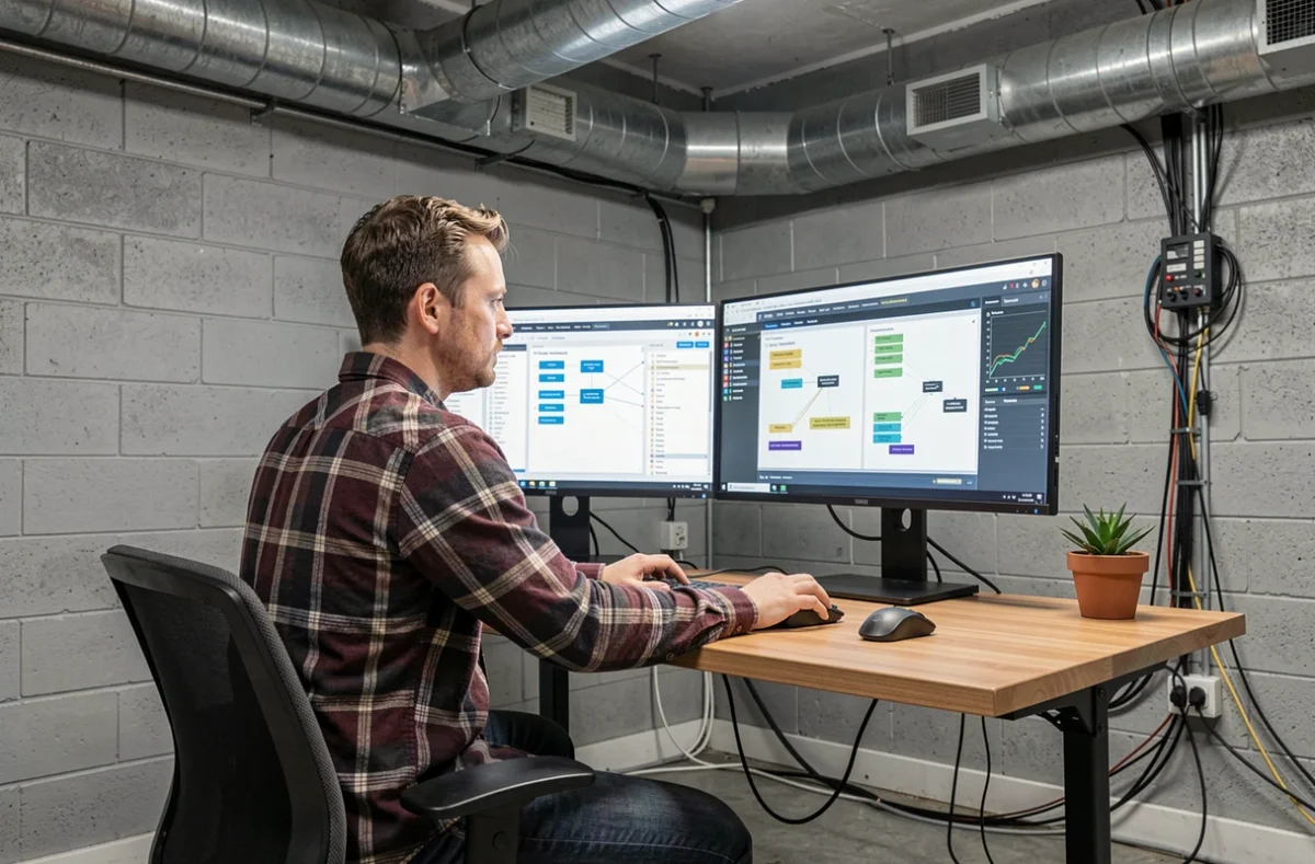 Technicien SEO de l'agence Alti-web analysant des rapports de crawl technique et d'architecture de site sur deux moniteurs dans un bureau technique