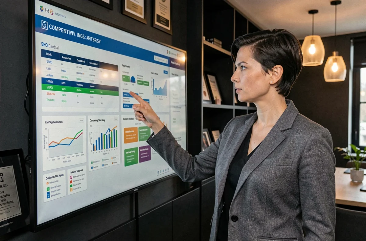 Consultante SEO de l'agence Digimood présentant une analyse concurrentielle et une stratégie de contenu sur un grand écran mural