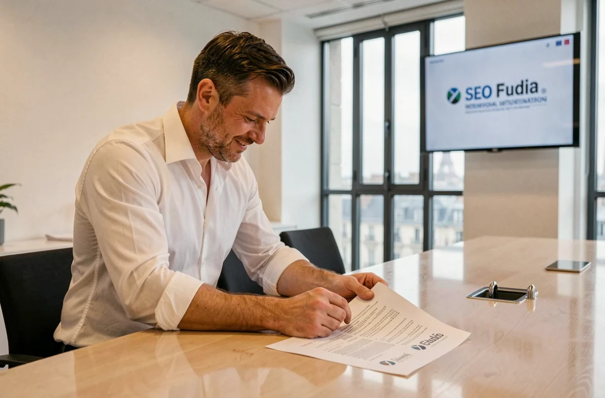 Stratège digital de l'agence Eskimoz examinant un rapport d'audit SEO lors d'une réunion dans un bureau professionnel élégant