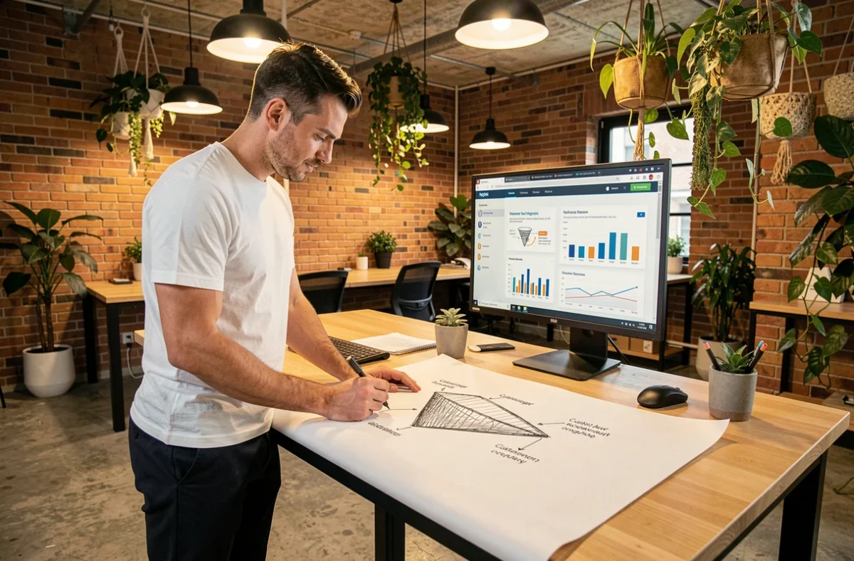 Stratège growth marketing de l'agence Junto esquissant un entonnoir d'acquisition client intégrant référencement naturel et payant dans un bureau créatif