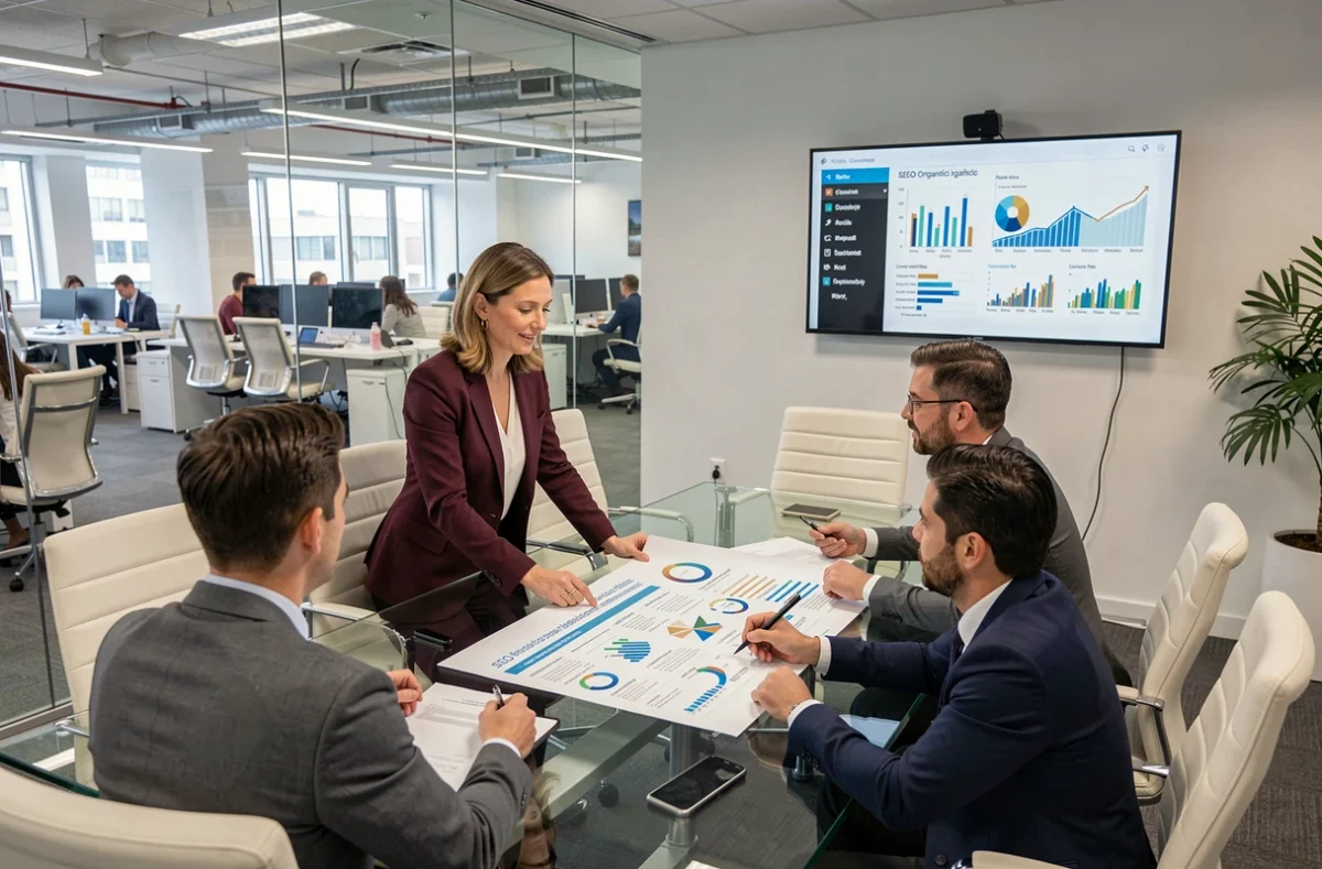 Directrice marketing de l'agence Primelis animant une réunion stratégique SEO avec son équipe autour d'un tableau de bord de performance nationale