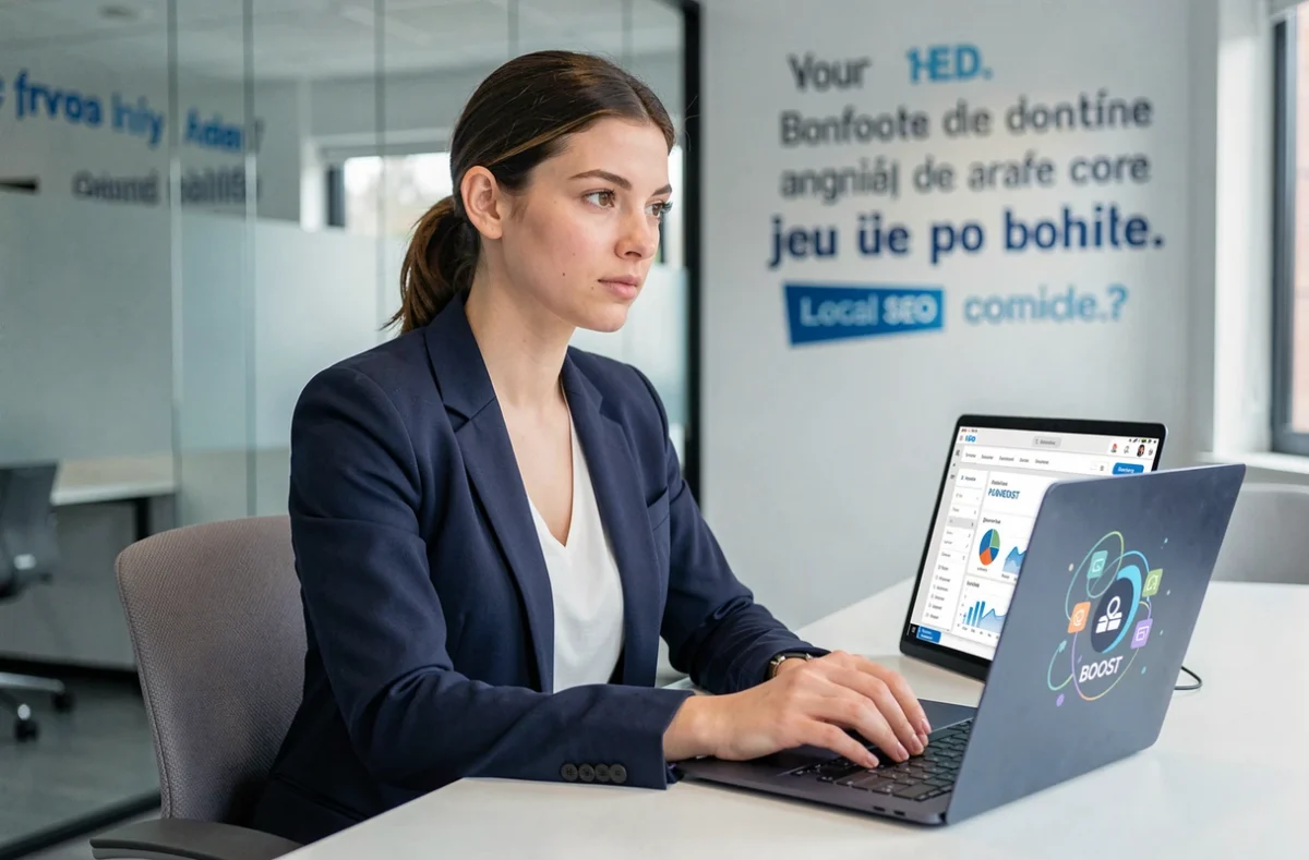 Professionnelle de l'agence Quiboost analysant un tableau de bord SEO local sur son ordinateur portable dans un bureau moderne