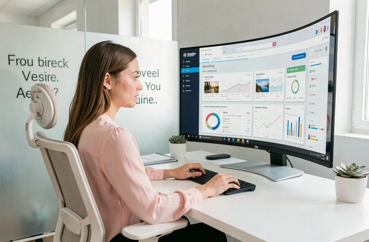 Stratège en contenu de l'agence Semji utilisant une plateforme d'optimisation sémantique sur grand écran incurvé dans un bureau épuré