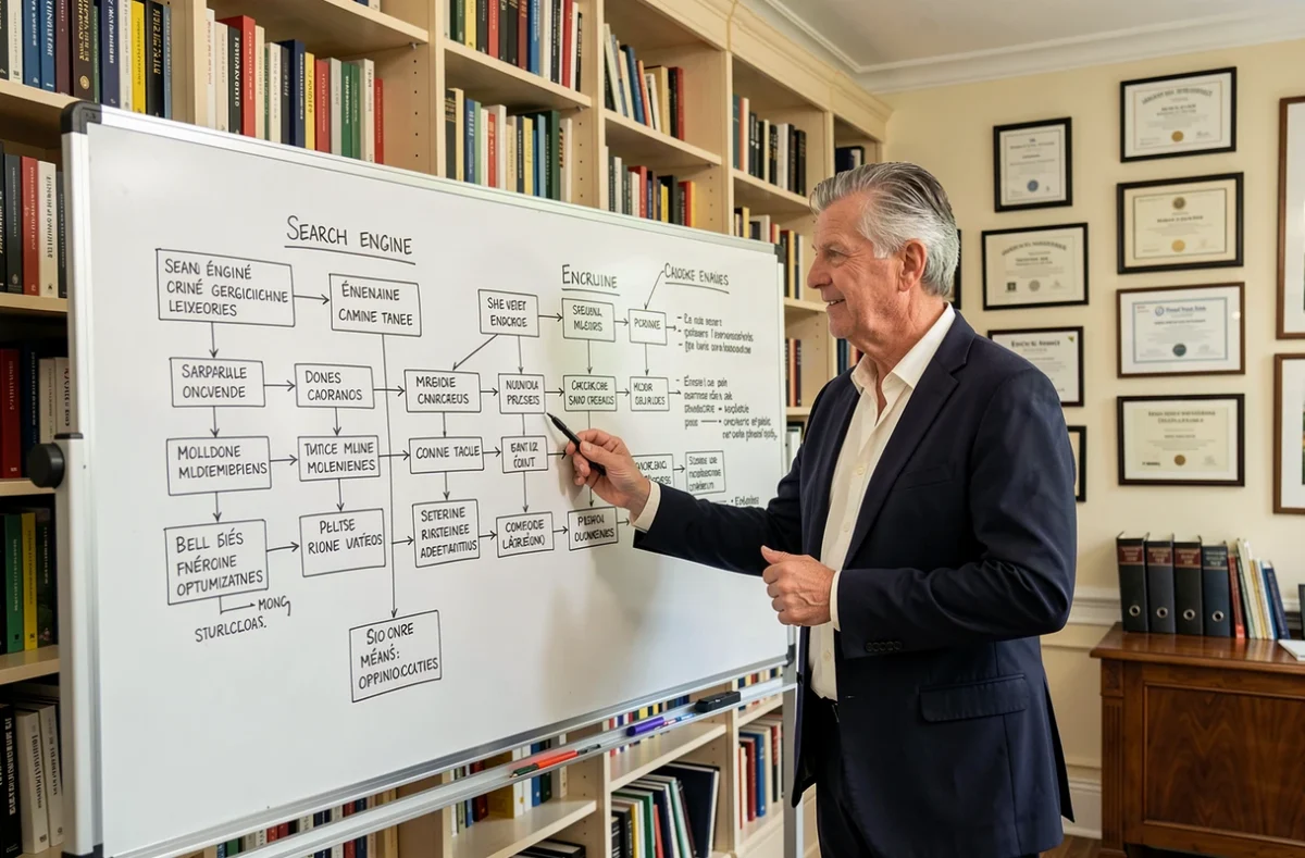 Expert SEO senior de l'agence SEO.fr présentant une méthodologie de référencement naturel sur tableau blanc dans un bureau institutionnel