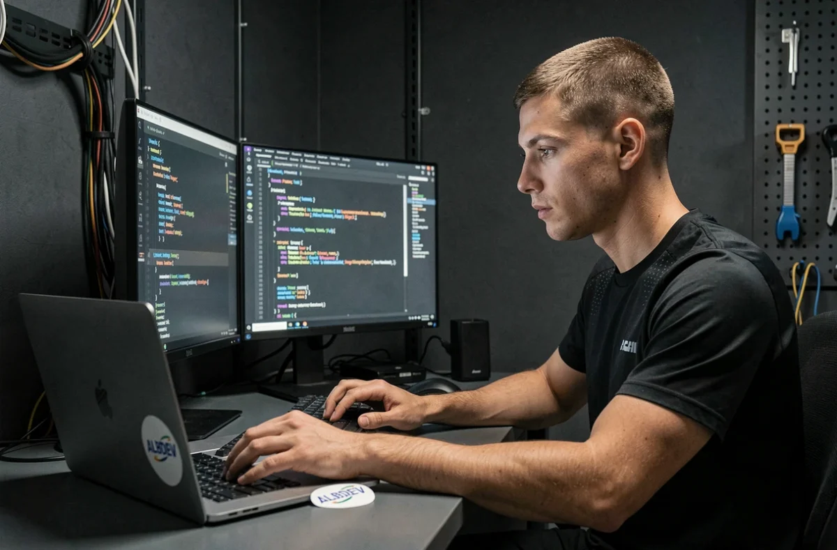 Développeur full-stack d'ALBDEV déboguant une application web complexe sur deux écrans dans un espace de travail minimaliste et sombre