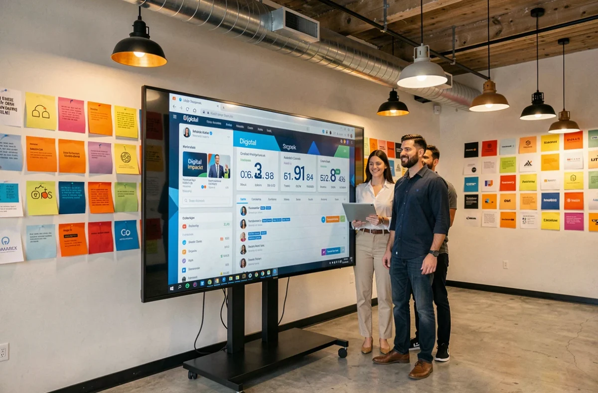 Duo de stratèges de Digital Impackt présentant des métriques de campagne sur un écran tactile dans un espace d'agence créatif et coloré