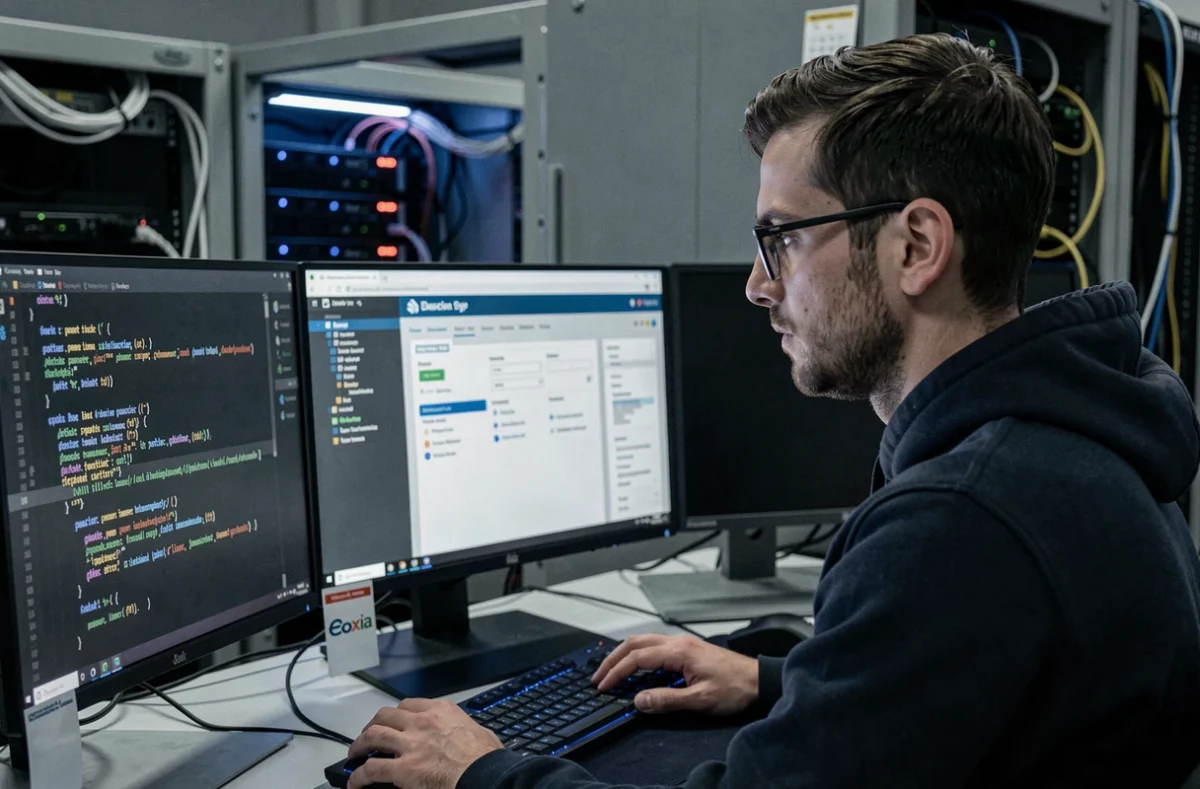 Développeur de l'agence Eoxia concentré sur du code PHP et un tableau de bord ERP dans un bureau technique atmosphérique