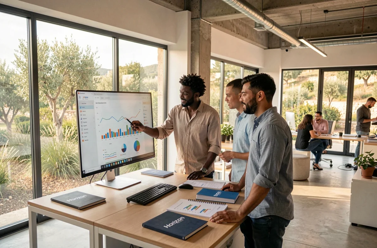 Équipe de l'agence Horizon analysant des performances SEO sur un moniteur dans un espace de travail moderne avec vue méditerranéenne
