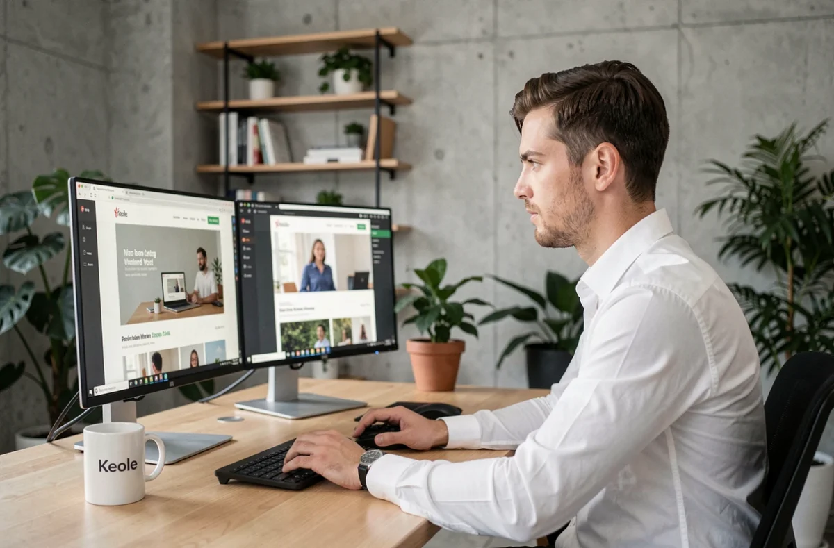 Développeur web de l'agence Keole travaillant sur une interface e-commerce dans un bureau moderne et minimaliste