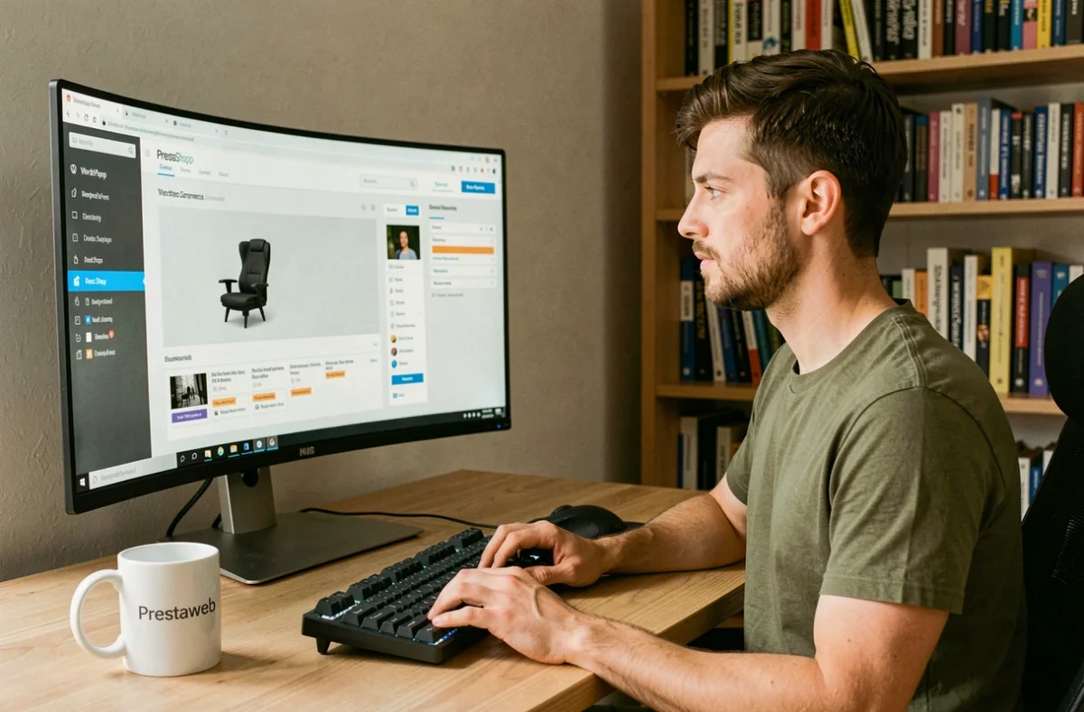 Développeur de l'agence Prestaweb construisant un site e-commerce PrestaShop sur un grand écran incurvé dans un bureau compact