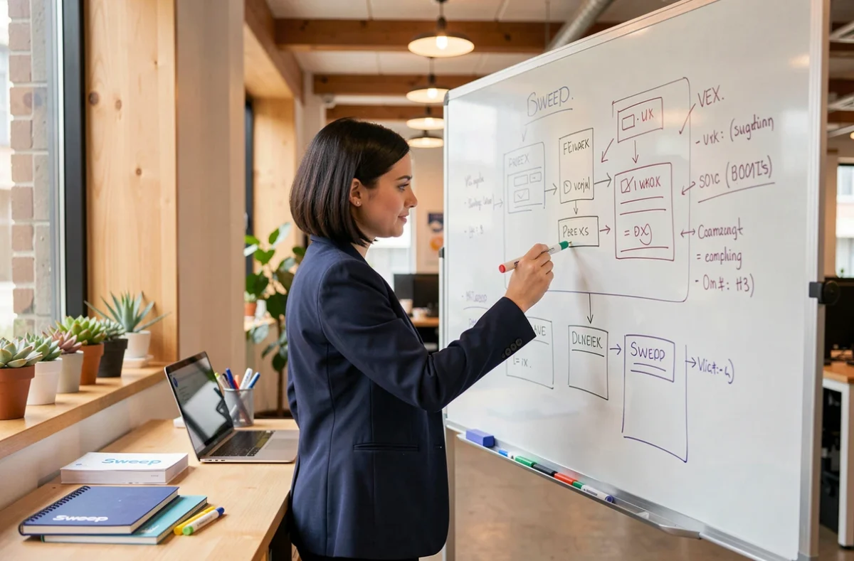 Designer UX de l'agence Sweep esquissant des wireframes sur un tableau blanc dans un espace de co-working moderne