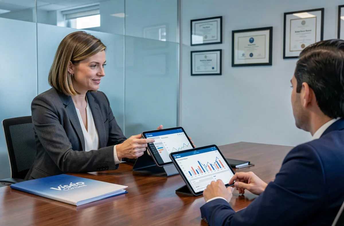 Consultante de Viséo Conseil présentant un rapport d'analyse web à un client autour d'une table de réunion professionnelle