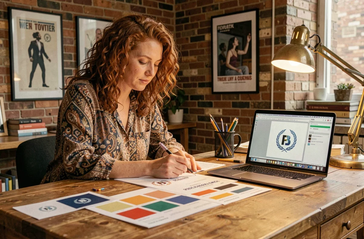 Designer graphique de l'agence Visions Nouvelles examinant des maquettes de branding et palettes de couleurs dans un studio créatif