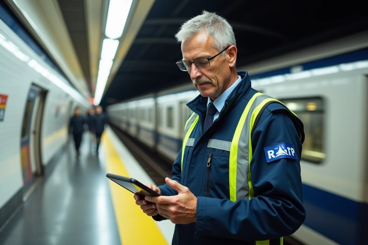 Agent RATP en uniforme consultant une tablette sur un quai de métro parisien, illustrant les changements organisationnels entre Urbangroup RATP et le groupe RATP