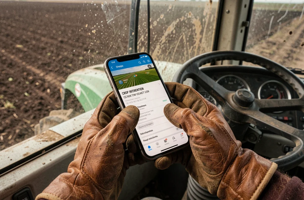 Mains gantées d'un agriculteur saisissant une intervention culturale sur smartphone dans la cabine d'un tracteur agricole