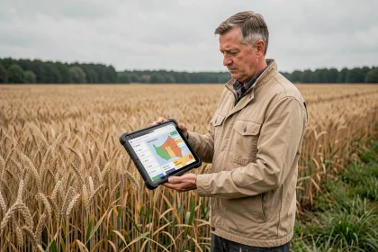 Agronome consultant tenant une tablette avec une interface de traçabilité des interventions culturales au bord d'un champ de blé