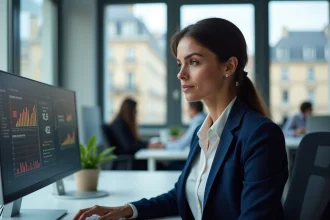 Professionnelle analysant des données marketing sur des écrans dans un bureau parisien moderne avec vue sur les toits haussmanniens