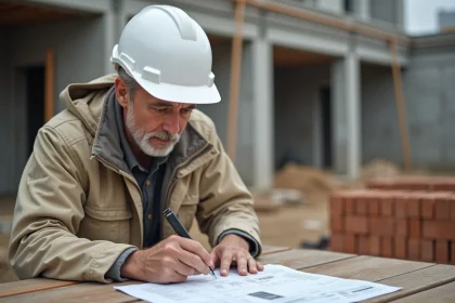 Artisan BTP en veste de chantier consultant un devis papier sur un chantier de construction avec échafaudages en arrière-plan