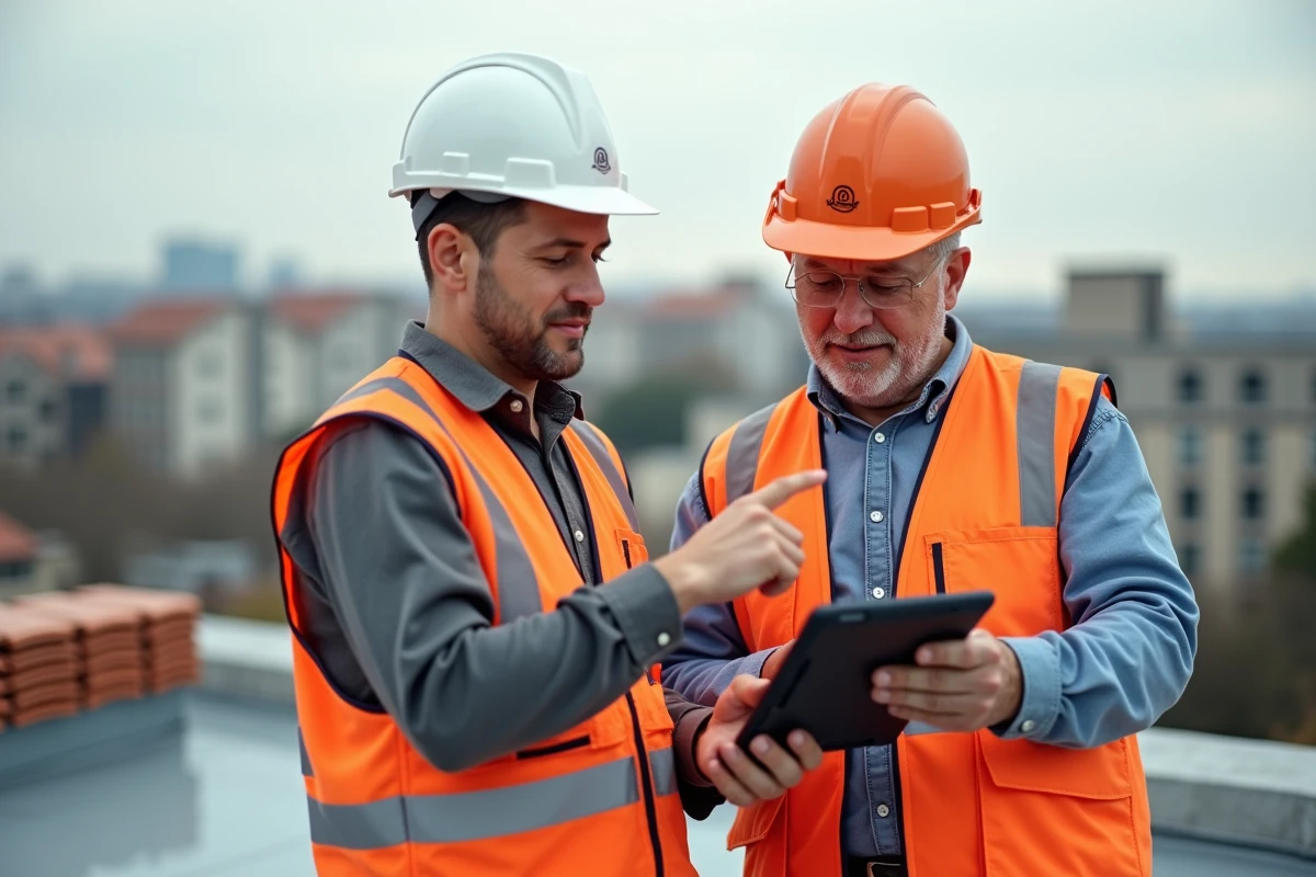 Deux artisans du bâtiment en gilets orange discutant d'un devis numérique sur tablette lors d'une rénovation de toiture en milieu urbain
