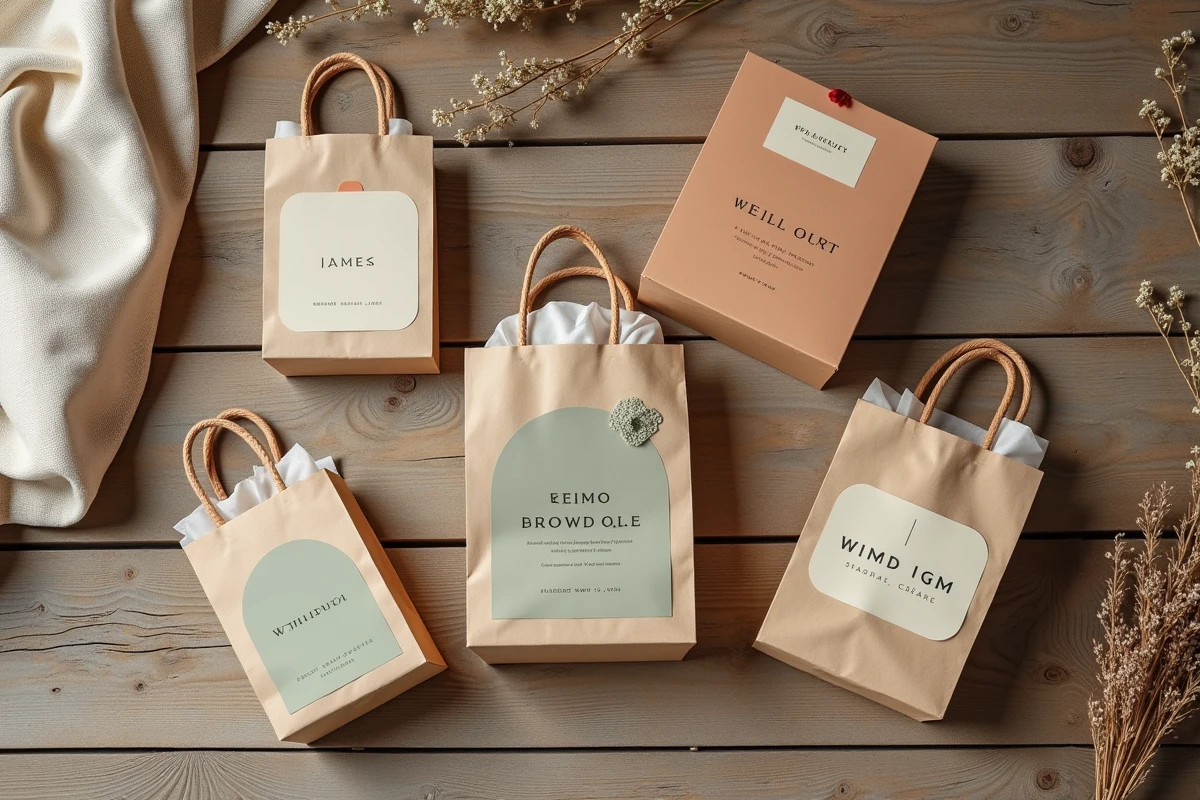 Assortiment de petits sacs en papier personnalisés pour mariage ou marché artisanal en vue de dessus