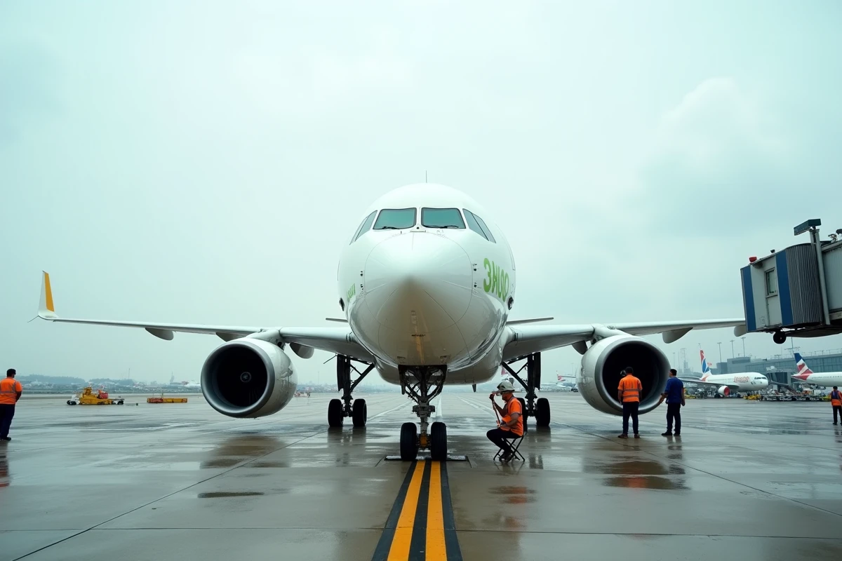 Avion commercial avec livrée écologique stationné sur le tarmac d'un aéroport international entouré d'équipes au sol, enjeux environnementaux du transport aérien