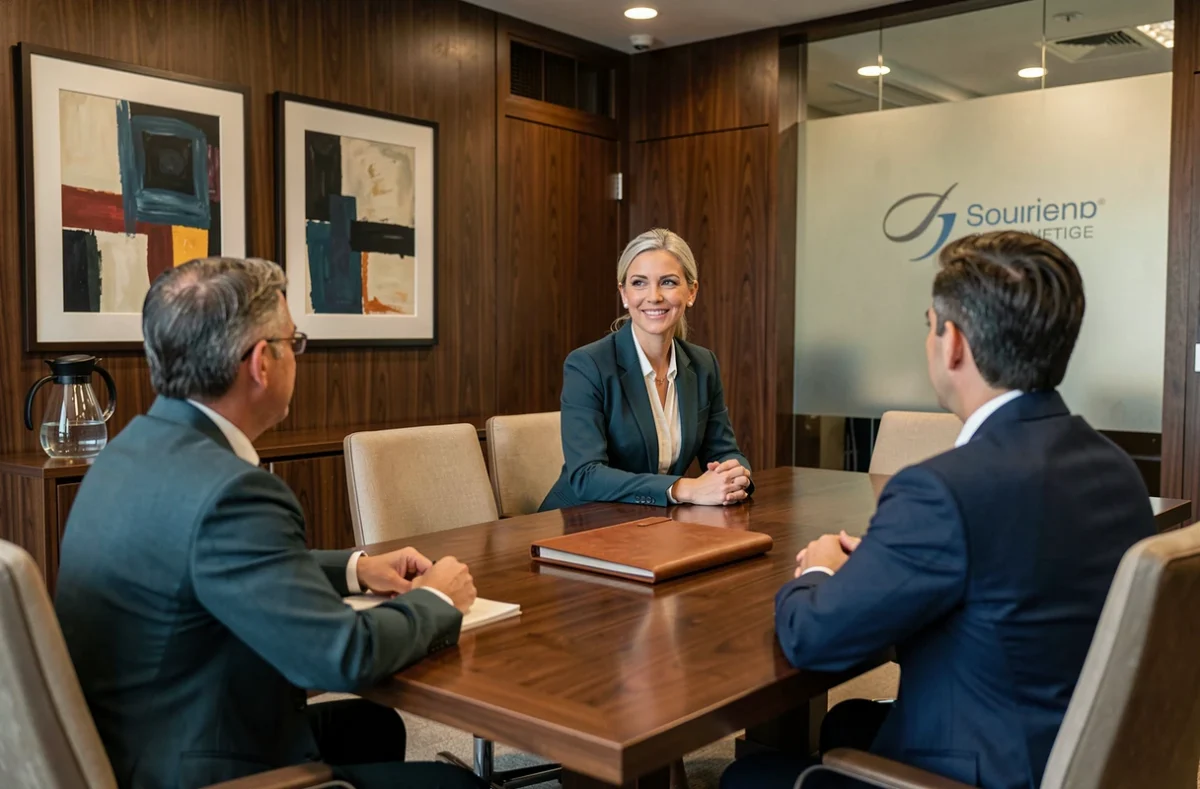 Recruteuse senior de Badenoch Clark animant un entretien collectif dans un boardroom raffiné des Yvelines
