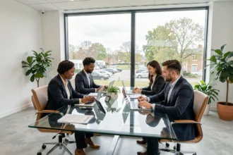 Vue d'ensemble d'un cabinet de recrutement moderne dans les Yvelines avec des professionnels en réunion autour d'une table en verre