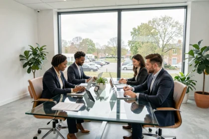 Vue d'ensemble d'un cabinet de recrutement moderne dans les Yvelines avec des professionnels en réunion autour d'une table en verre