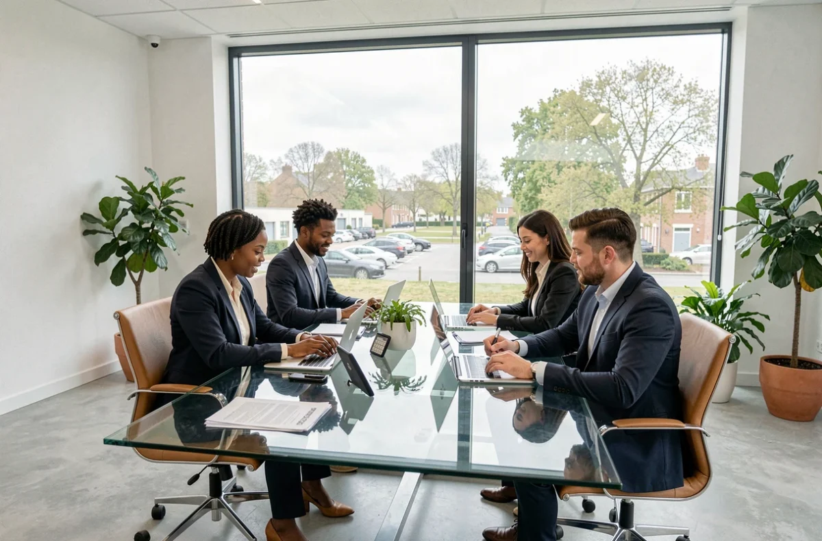 Vue d'ensemble d'un cabinet de recrutement moderne dans les Yvelines avec des professionnels en réunion autour d'une table en verre