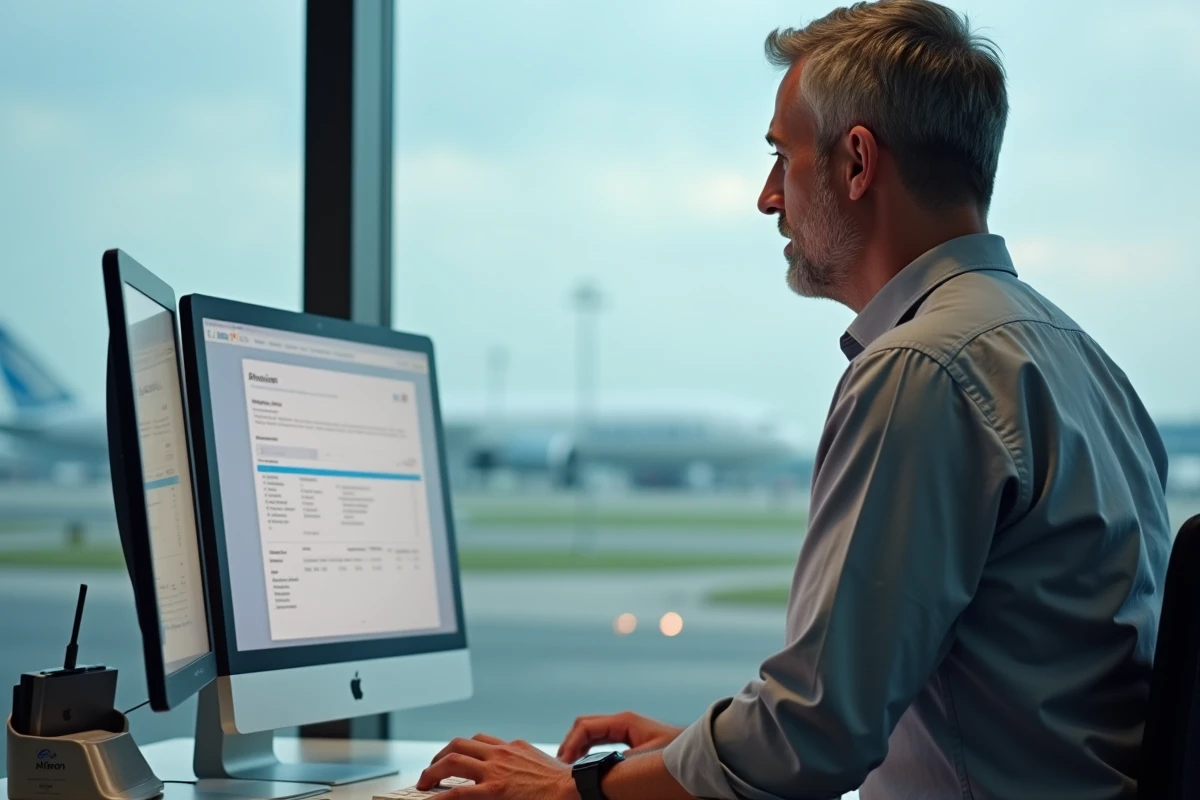 Cadre Air France mettant à jour ses données personnelles RH sur l'intranet depuis son bureau avec vue sur piste