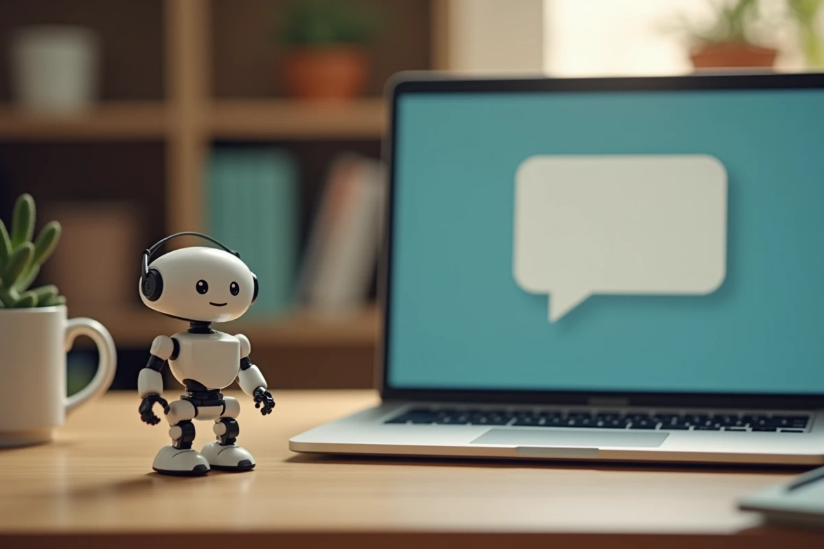 Chatbot représenté par une figurine robot à côté d'un ordinateur portable avec interface de conversation automatisée