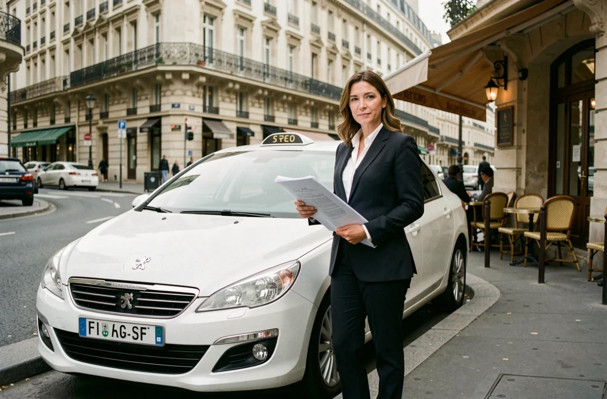 Femme chauffeure de taxi devant un véhicule parisien tenant des documents administratifs relatifs à la licence taxi et aux financements 2026