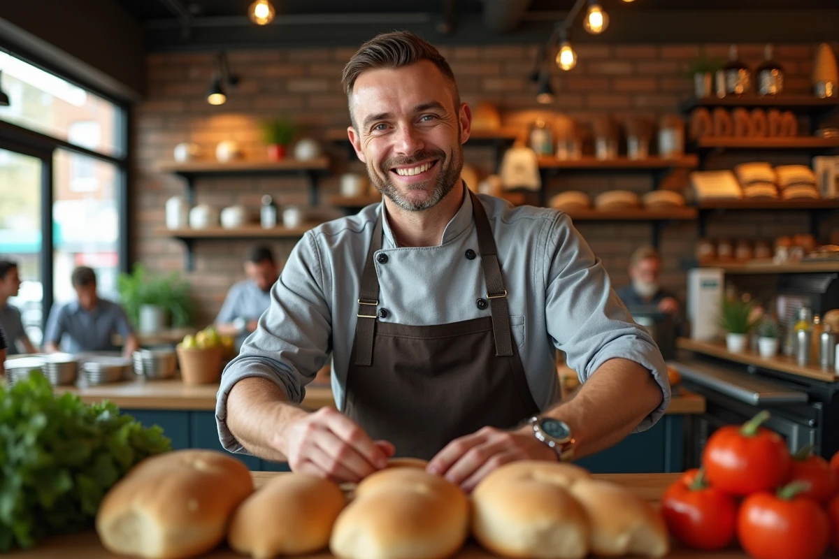 Homme chef en boulangerie avec produits frais
