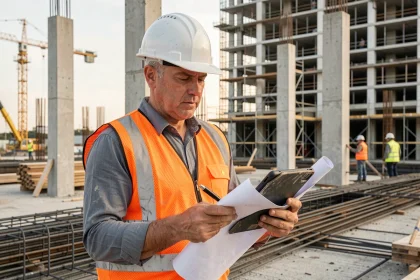 Chef de chantier BTP consultant des plans sur tablette sur un chantier de construction urbain