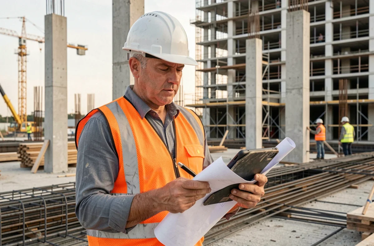 Chef de chantier BTP consultant des plans sur tablette sur un chantier de construction urbain