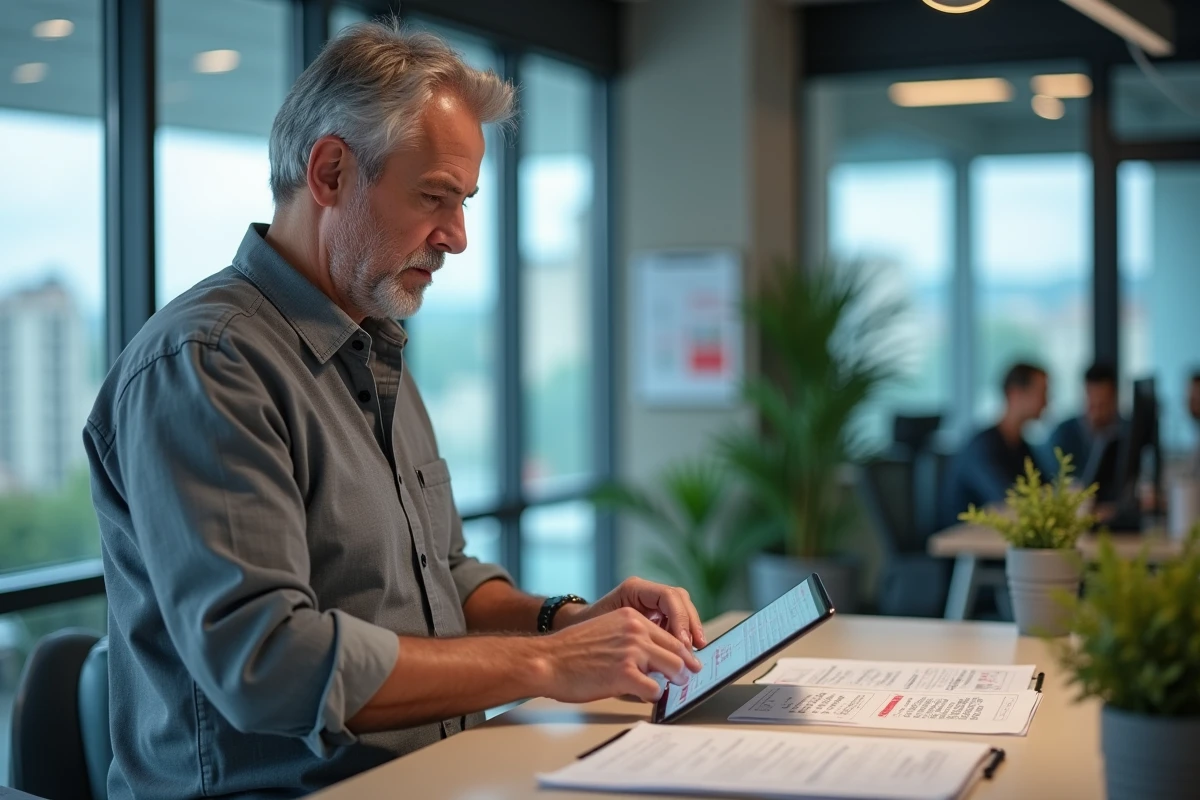 Chef d'entreprise français utilisant une tablette pour accéder aux aides entrepreneuriales régionales sur le portail Elevetonbiz.fr