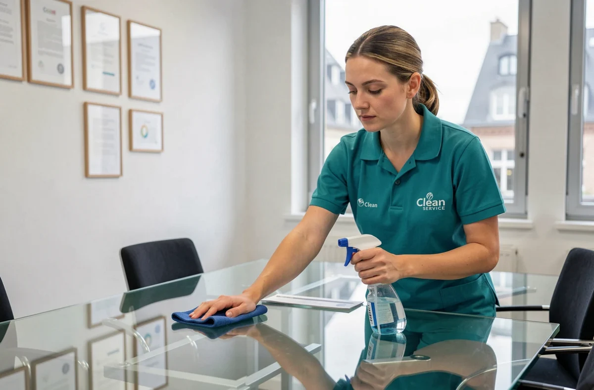 Agente Clean Service Metz en uniforme turquoise nettoyant une table de réunion dans un bureau professionnel