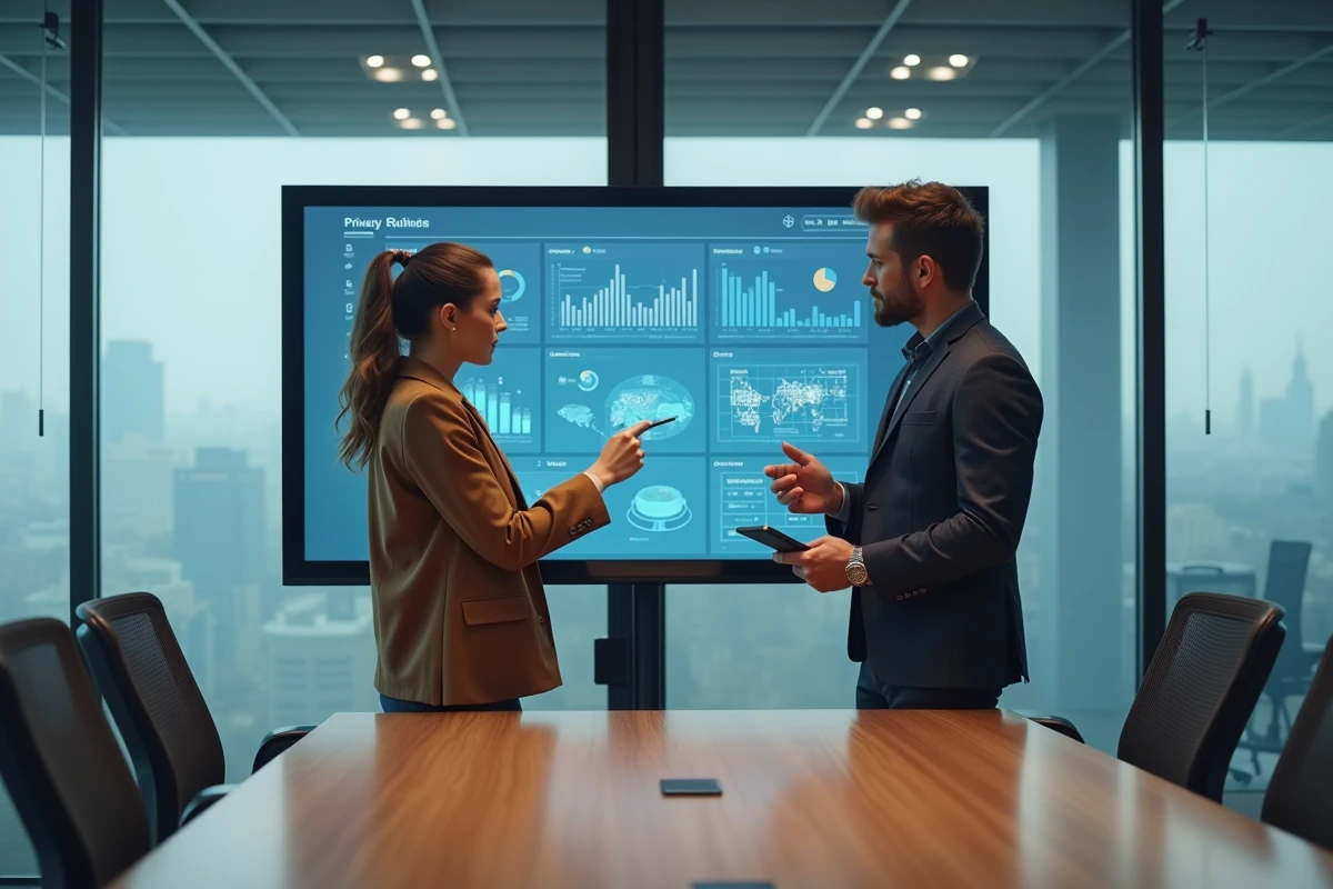Deux collègues analysant ensemble un tableau de bord de confidentialité des données lors de l'utilisation d'un outil de création assistée par intelligence artificielle en salle de réunion