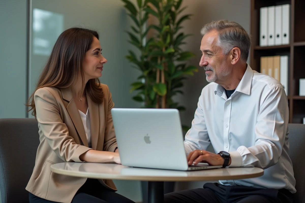 Deux dirigeants collaborant autour d'une interface de gestion des rôles professionnels sur ordinateur portable en bureau privé
