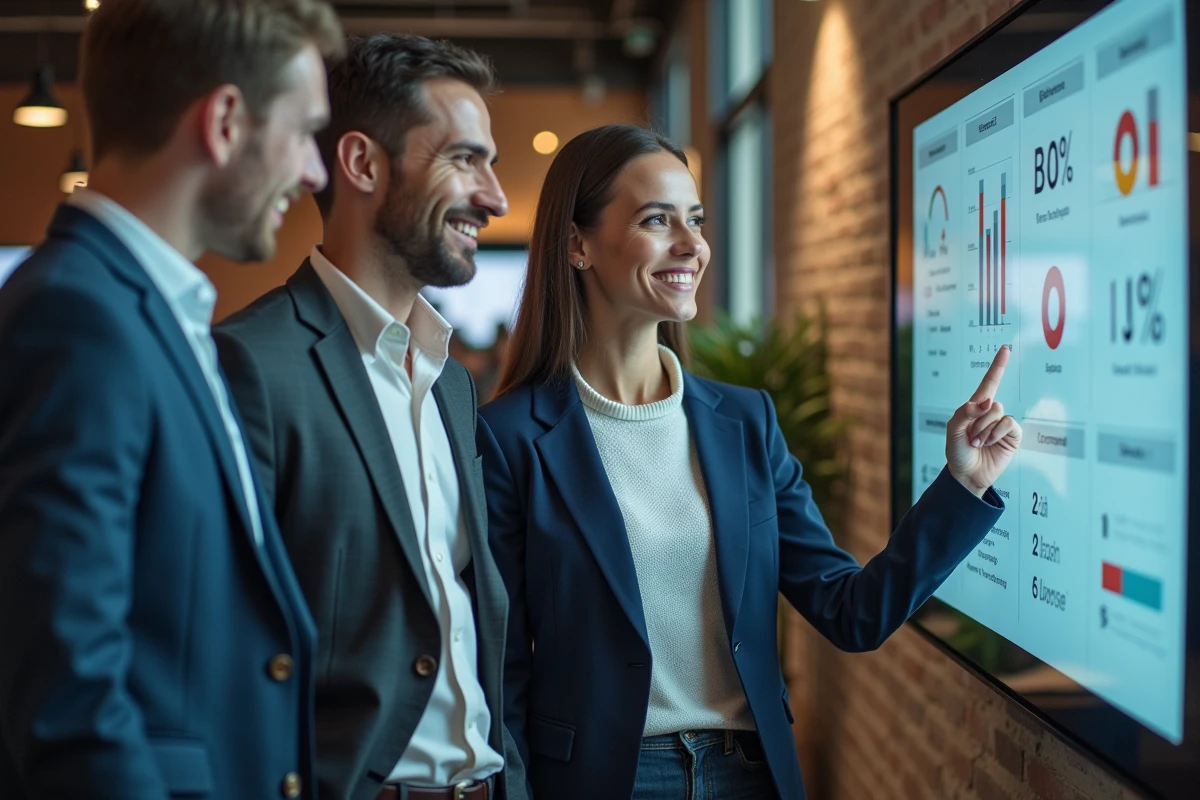 Groupe de professionnels collaborant autour d un tableau digital