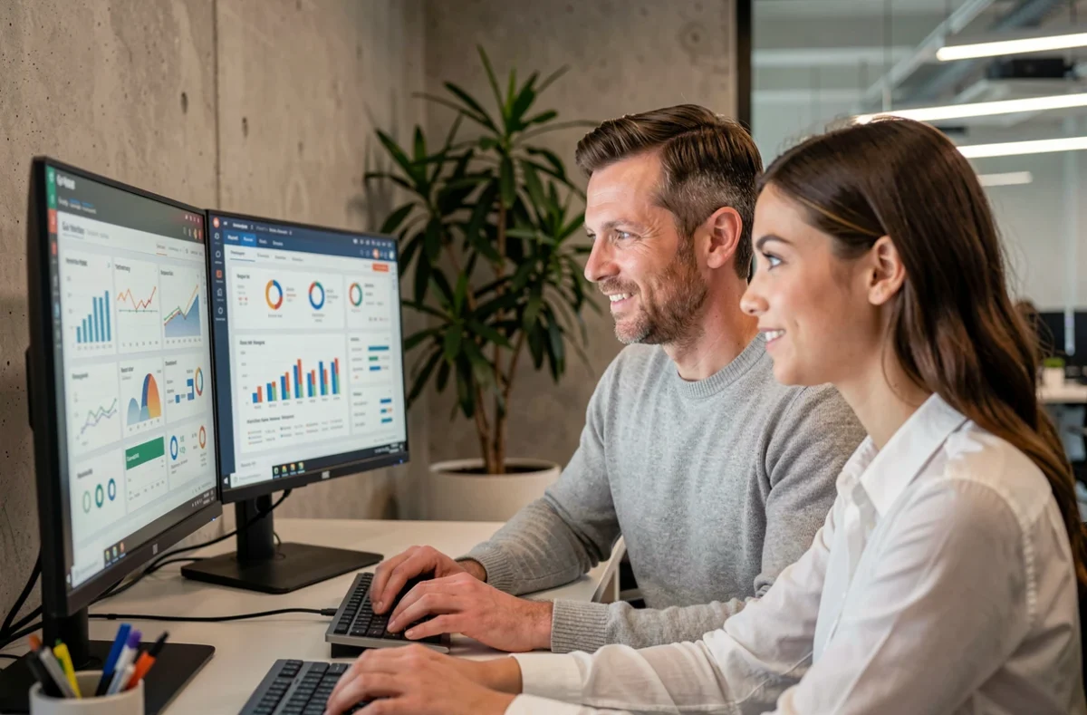 Manager et analyste de wyman.fr collaborant sur des indicateurs de performance client devant un double écran