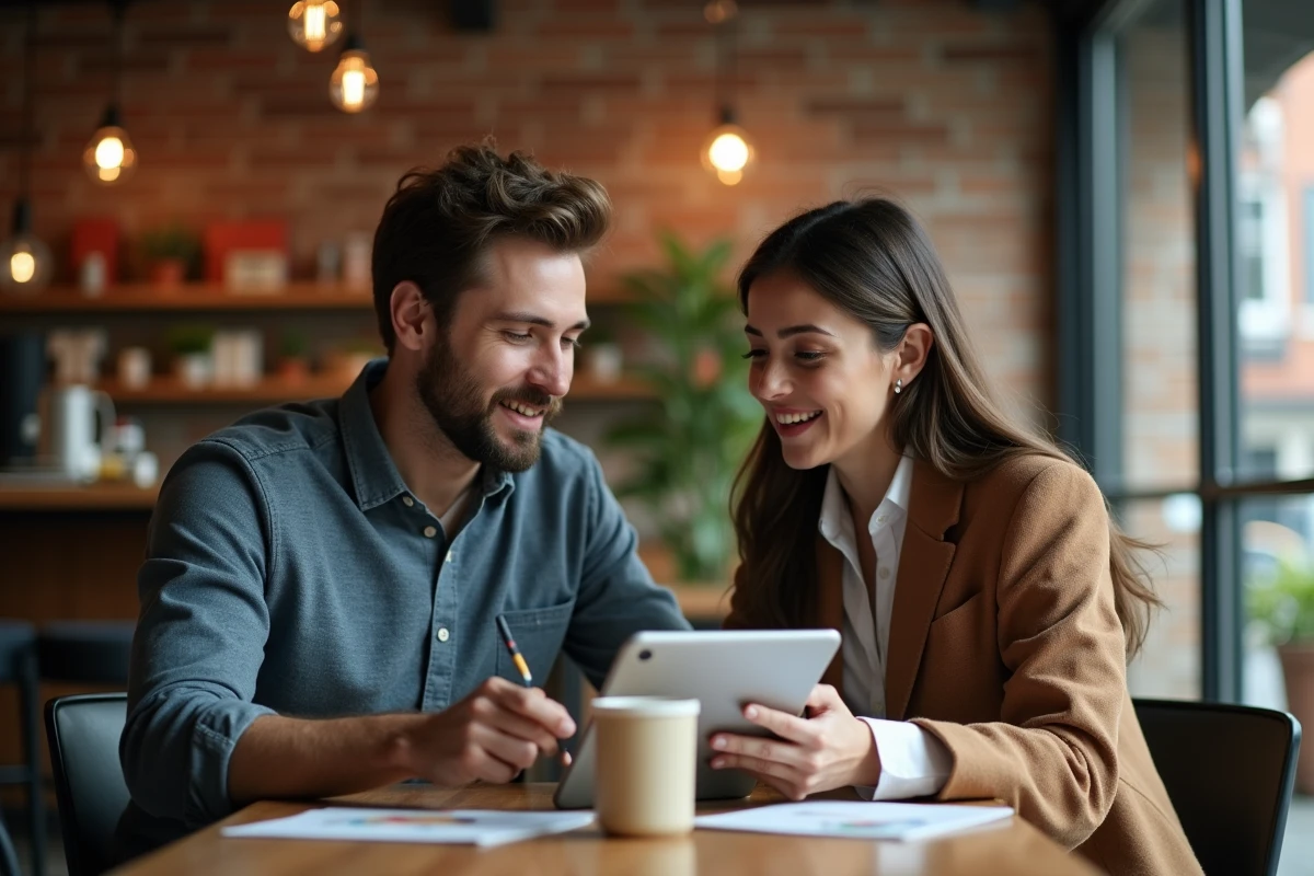 Deux professionnels collaborant autour d'un profil business sur une tablette dans un café moderne et urbain