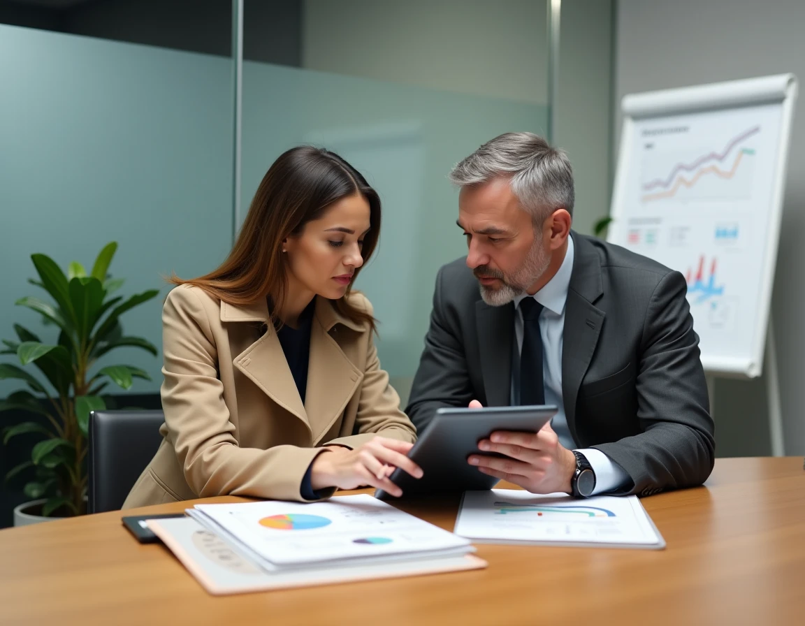 Deux professionnels collaborant sur une stratégie data et intelligence artificielle autour d'une tablette et d'infographies en salle de réunion