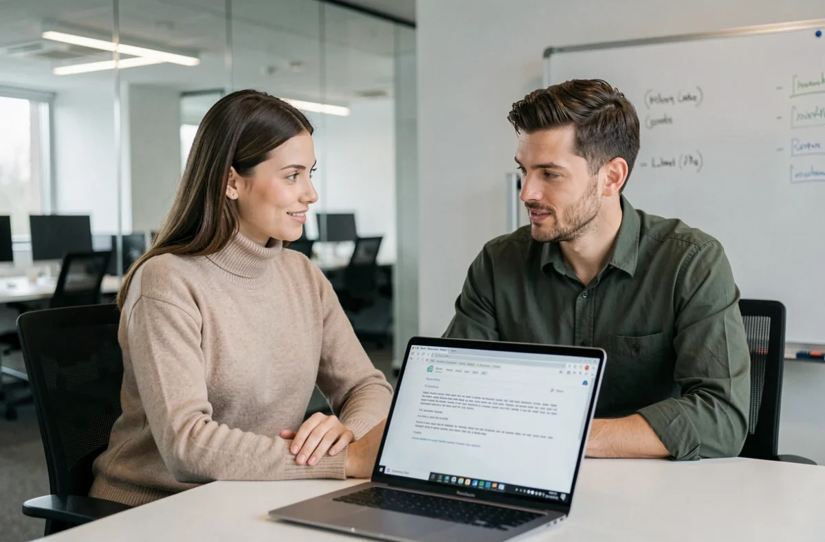 Deux collègues collaborant sur la rédaction d'un email professionnel devant un ordinateur en salle de réunion